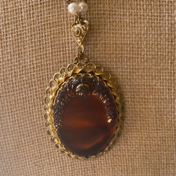 W Germany Necklace & Earrings ornate gilt tortoise color with tiny pearls - Picture 12 of 17